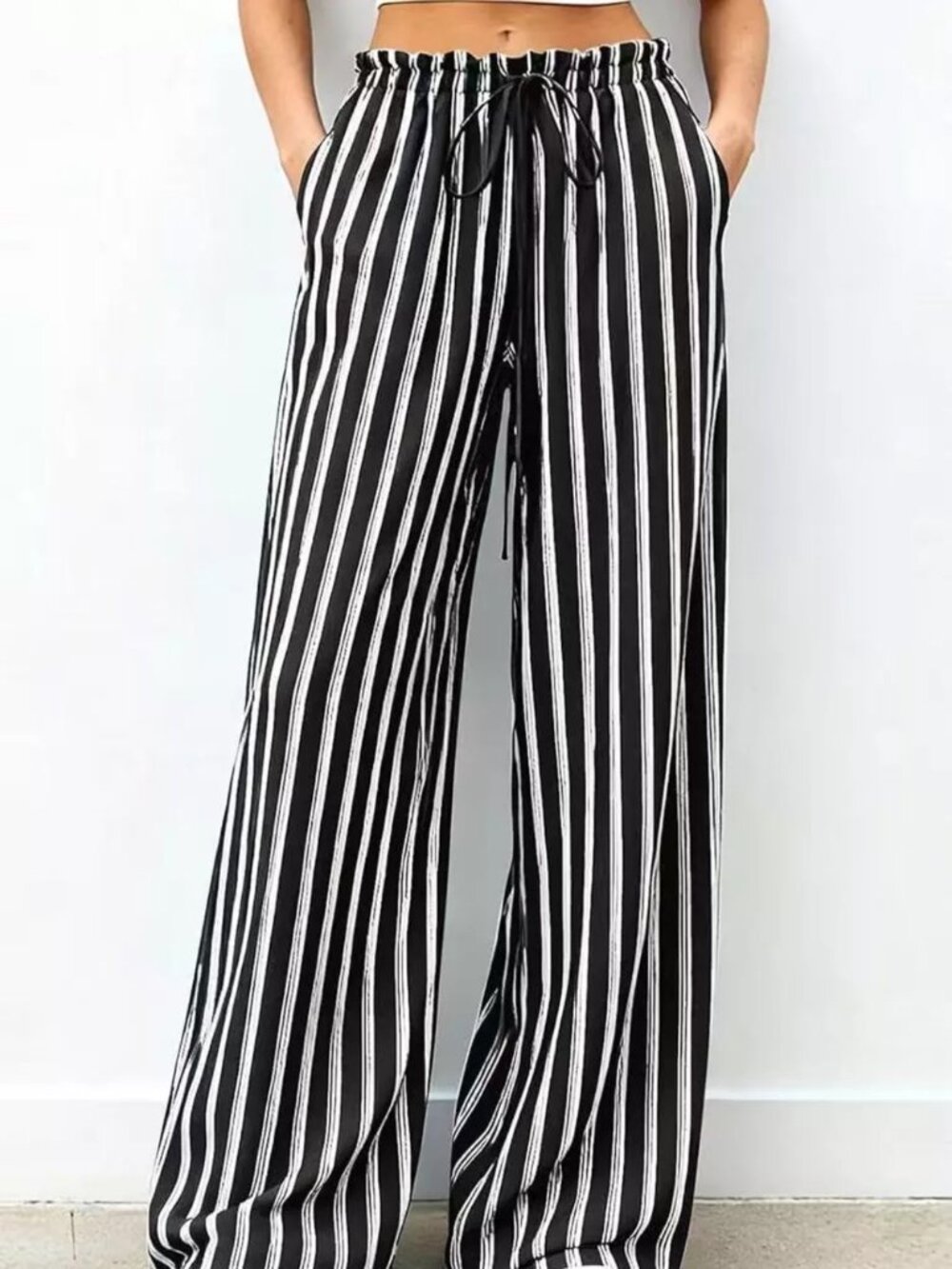 Striped Wide-Leg Drawstring Pants - Picture 5 of 9